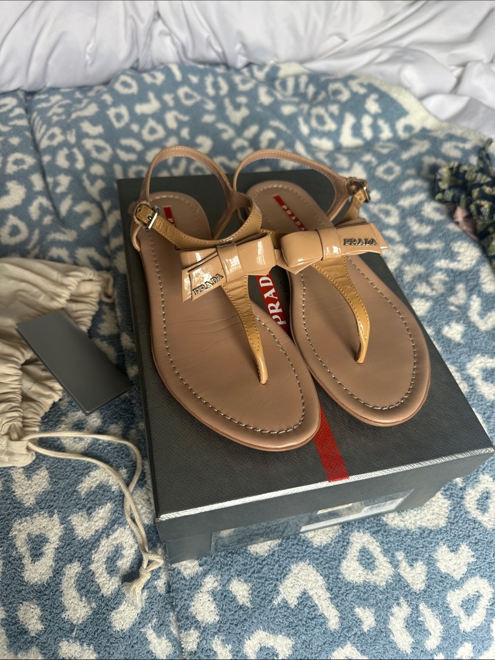 Prada Tan Patent Bow Thong Sandals